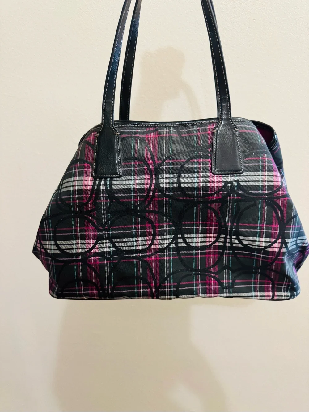 COACH Vintage Y2K Pink Tartan Plaid Framed Kiss Lock Carryall F17669